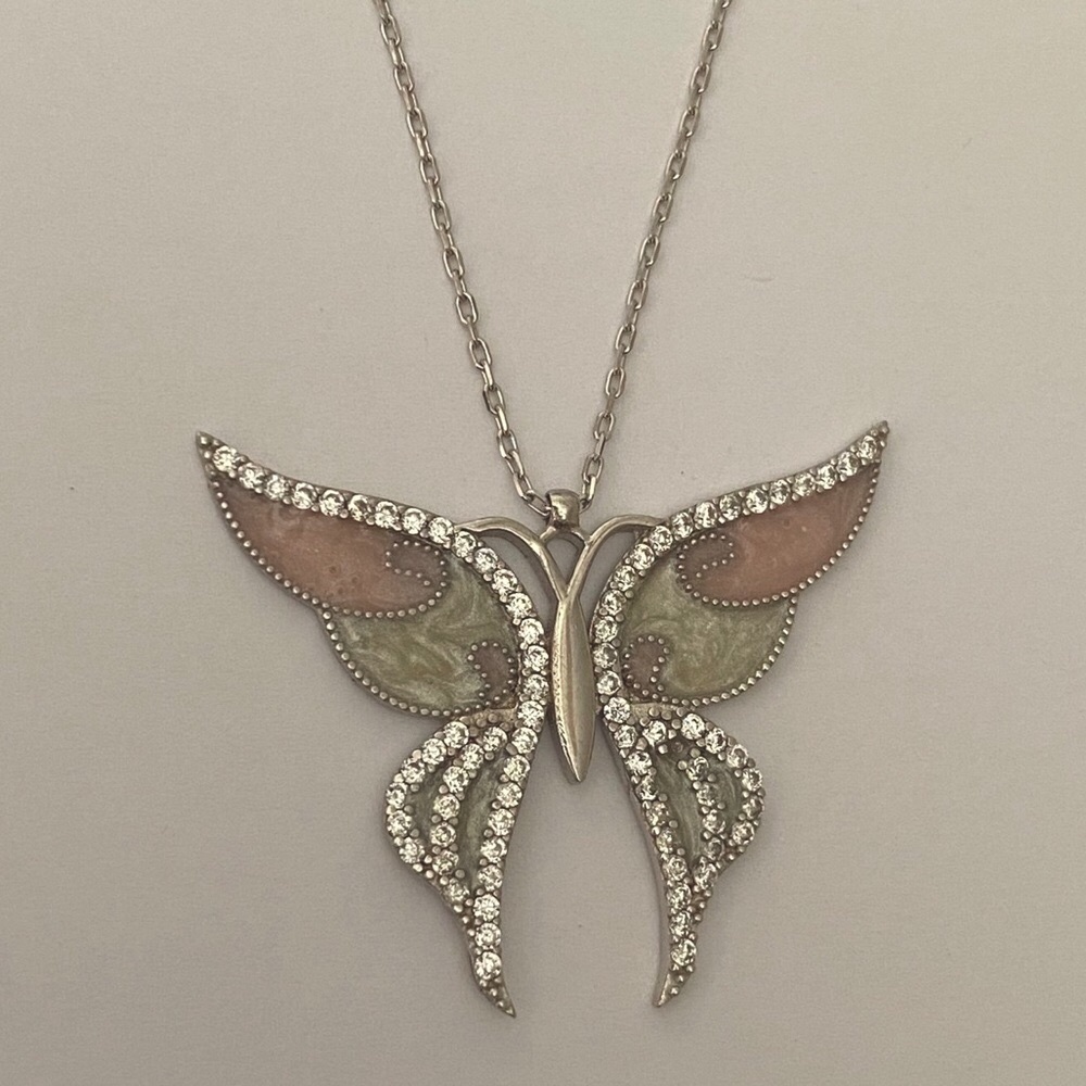 925 Silver handmade butterfly pink enamel necklace clear cubic zirconia stones